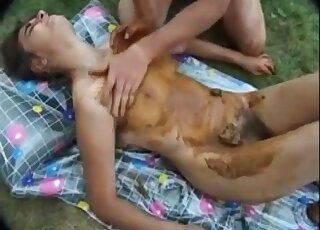 Shitting on the nice tis and body of a woman