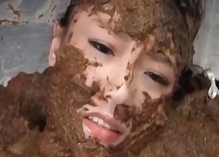 Horny Asian porn star bending over and eating